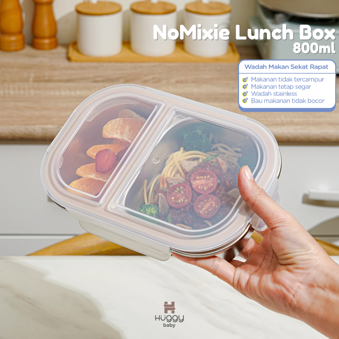 Huggy Baby KM08 NoMixie Lunch Box 800ml | Kotak Makan Stainless Steel Anti Campur